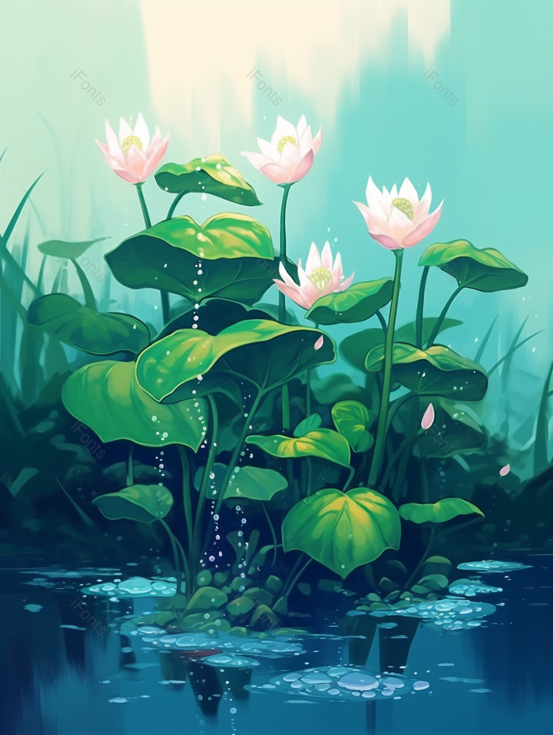 夏季夏天夏至水珠涟漪水塘池塘荷塘荷花荷叶莲花浮萍绿色插画,插画/手绘图,插画/手绘图库,插画/手绘图下载,插画/手绘